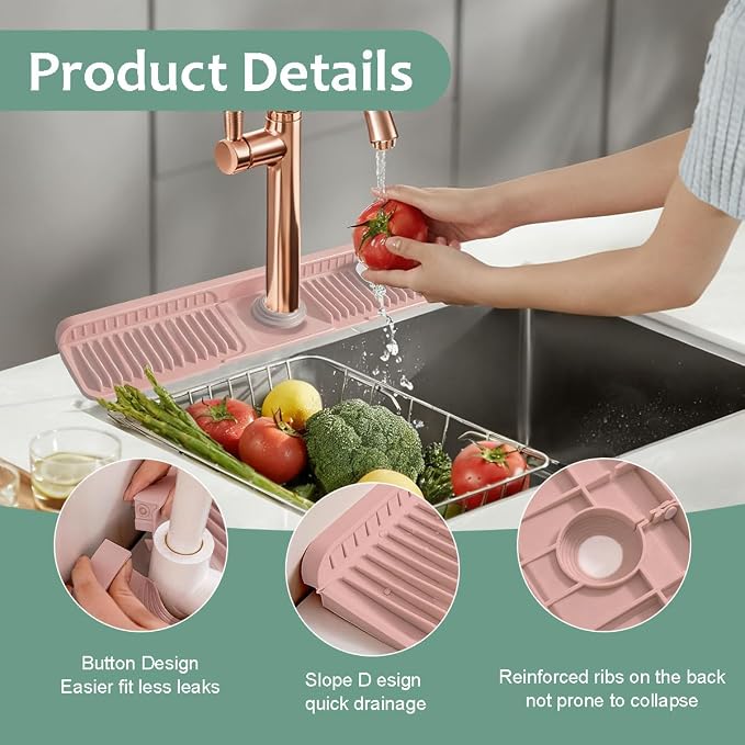 24 Inch Upgraded Draining Mat Folding faucet Mat for Bathroom Sink Splash Guard 7° Slope with Button Lock Water Draining Pad for Kitchen Bathroom Bar(Pink) - Image 3