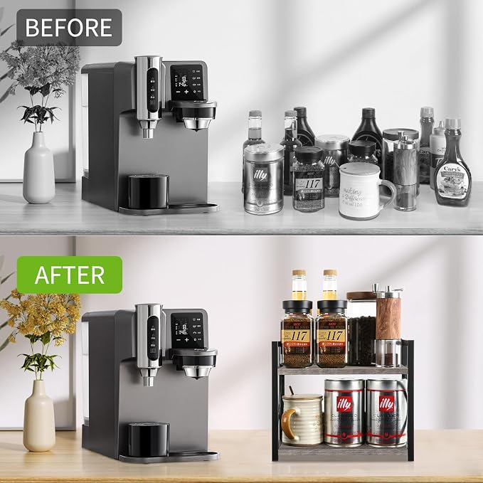 YINMIT Kitchen Countertop Organizer,Spice Rack,Coffee Bar Shelf Organizer | 2-Tier Coffee Station,Seasoning Storage,Syrup,Mug Cup,Bottle Holder,Bathroom Vanity,Pantry,Bedroom and Office,Grey,Small - Image 5
