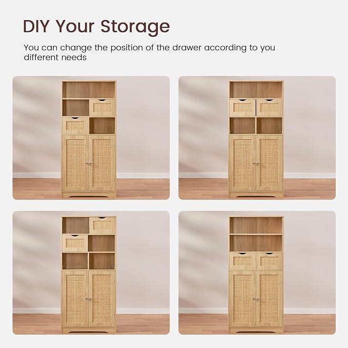 Iwell Tall Storage Cabinet, Rattan Cabinet with 2 Drawers & Adjustable Shelf, Kitchen Pantry Storage Cabient, Entryway Cabinet for Living Room, Dining Room, Home Office, Natural - Image 8
