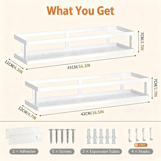 PUSDON 2-Pack 16.5" Extra Long Slim Shower Caddy, Adhesive Wall Mount Bathroom Organizer, Rustproof Open Frame Mesh Spice Rack for Kitchen, Holds 50LBS - White, Guardrail - Image 3