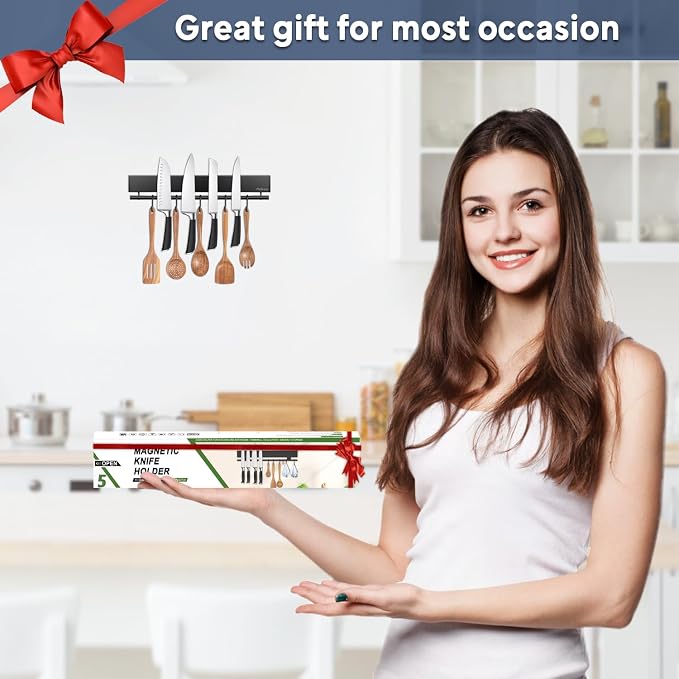 12 Inch Magnetic Knife Holder with 5 Hooks, No Drilling Black Magnetic Strip and Utensil Hanger for Wall - Image 6