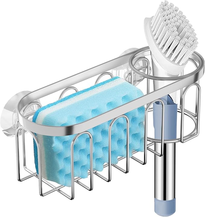2-in-1 Sponge Holder for Kitchen Sink, Sink Caddy Kitchen Sink Organizer with 3 Suction Cups, No Drill Rustproof Sink Sponge Holder for Dish Brush, Soap & Sponge (Silver) by Yazoni