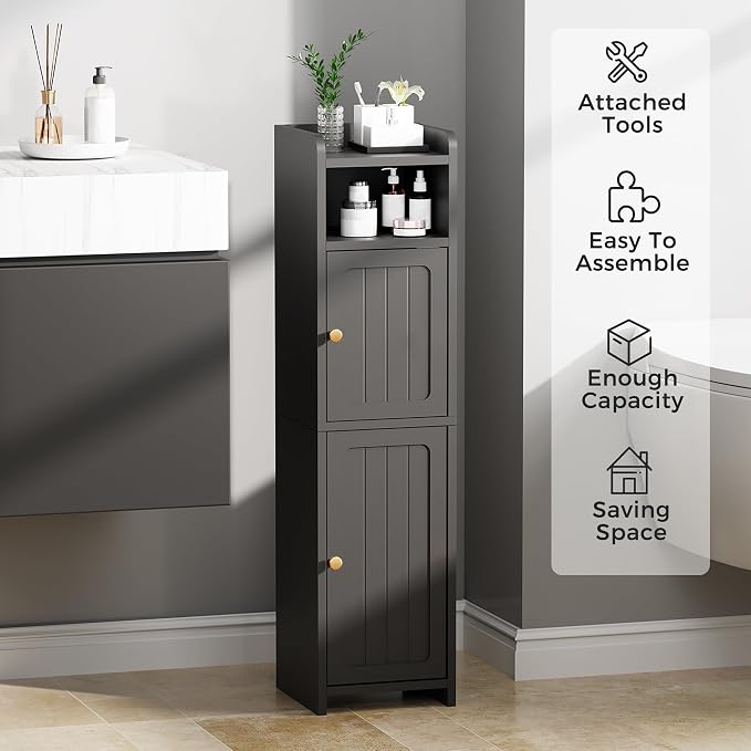 BEWISHOME Small Bathroom Storage Cabinet, 2 Doors Narrow Bathroom Cabinet | Storage Cabinet with Adjustable Shelves, Narrow Toilet Paper Cabinet 7.9"D x 7.9"W x 31.5"H, for Small Spaces, Black YYG03B - Image 3