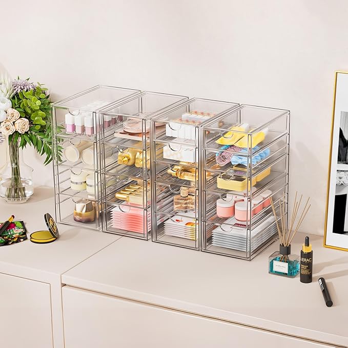 YFXCVSL 6-Pack Acrylic 31-Drawer Storage & Makeup Organizer for Desk | Smooth-glide drawers, clear acrylic, stackable, dustproof, wipe-clean, for makeup palettes, lipsticks, blushes, cotton pads - Image 2