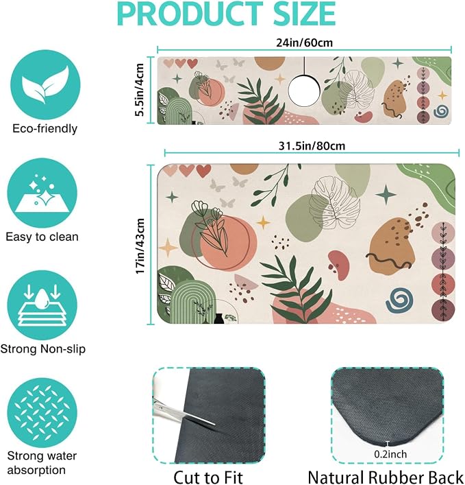 Dish Drying Mat for Kitchen Counter Matt, 2PCS 31.5"x17" Dish Drainer Mat & 24"x5.5" Sink Splash Guard, Super Absorbent Non-slip Rubber Backed - Image 2