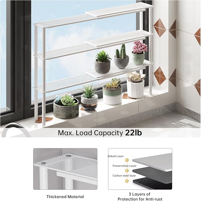 Expandable Kitchen Sink Organizer Window Shelf for Plants Stackable Narrow Shelves Kitchen Countertop Holder Mesh Design (2, White (Depth 3.54")) - Image 6