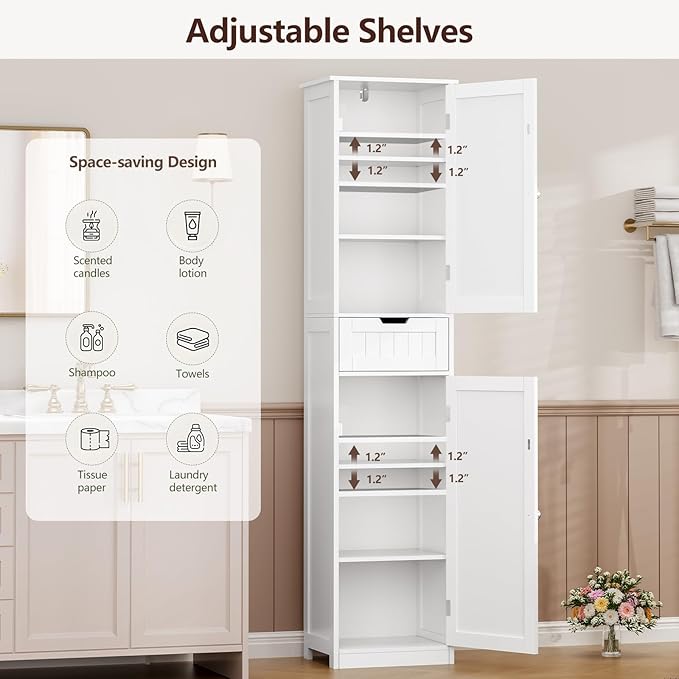 Iwell 67" Tall Bathroom Cabinet, Storage Cabinet with 2 Doors & 1 Drawer, Bathroom Storage Cabinets with Adjustable Shelves, for Living Room, Entryway, Home Office, White - Image 4