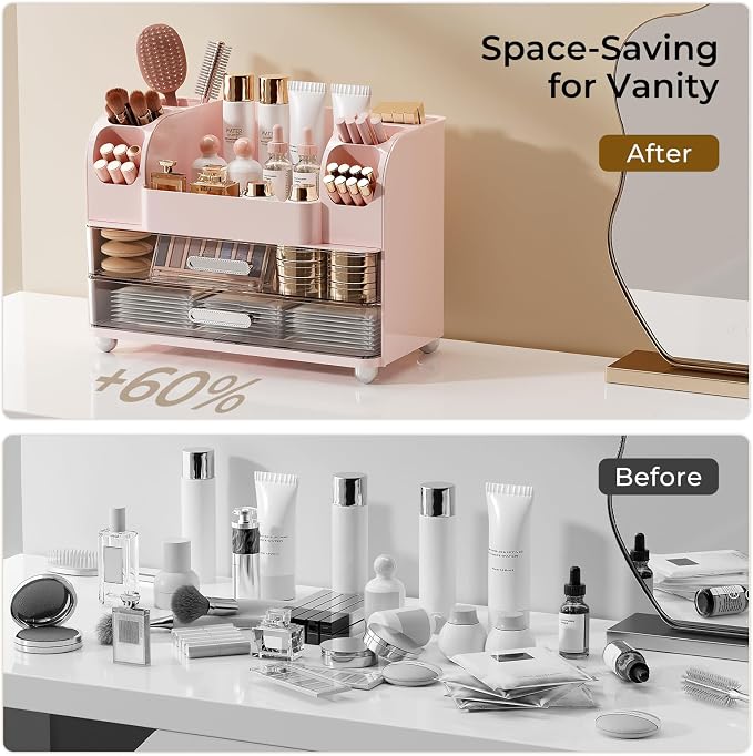 UFORU Makeup Organizer Countertop with 2 Large Drawers for Vanity Bathroom | Brush Holder, Large Capacity, Thickened Plastic, Compact Footprint, Space-Saving Design, Easy Clean, Ideal for Dorm Rooms - Image 6