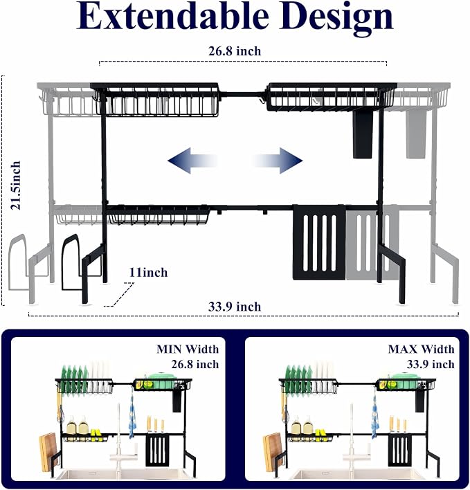 Kitsure Adjustable Over The Sink Dish Drying Rack, 26.8" -33.9"x21.5" | Sink Drying Rack for Kitchen Sink, Dish Rack Over Sink with Cutlery & Utensil Holders, Kitchen Storage, Black - Image 3