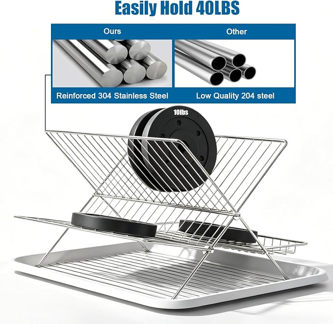 Stainless Steel Foldable Dish Drying Rack, 2 Tier Collapsible Kitchen Rack for Counter, Large Capacity Expandable Dish Drainer Rust Proof - Image 9