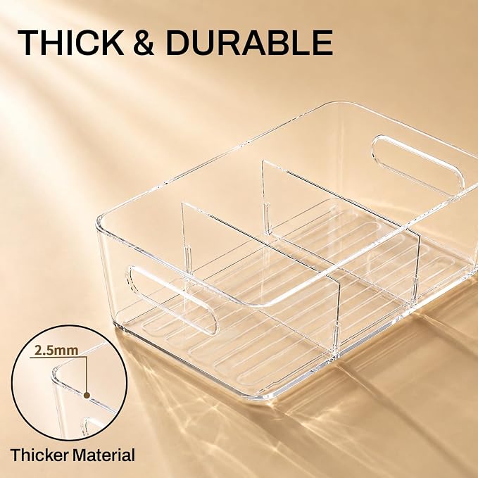 Mpotmiy 4-Pack Pantry Organizers and Storage, Clear Fridge Organizer Bins | Clear stackable plastic bins with removable dividers for packets, snacks, pouches and spices in pantry, fridge or freezer. - Image 3