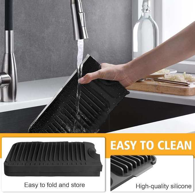 24-Inch Kitchen Sink Splash Guard Mat | 7° Slope for Fast Self-Draining | Snap-Lock Design | Universal & Cuttable Silicone Faucet Mat (Black) - Image 7