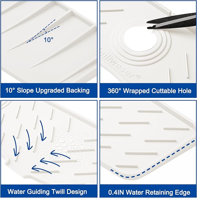 Faucet Mat for Kitchen Sink – 24” x 5.1” Extra-Long Silicone Splash Guard with 10° Slope & Upgraded Drainage – Gen 3 Sink Water Catcher & Sponge Holder for Kitchen, Bathroom (White) - Image 6