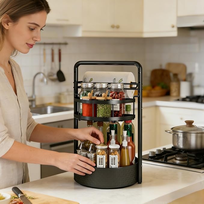 Rotating Spice Rack with Paper Towel Holder, Black | 2 Tier Turntable Lazy Susan, Durable Iron, Seasoning Organizer, For Kitchen Countertop - Image 2