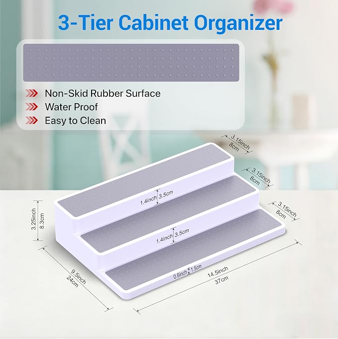 YAN & HIN 3 Tier Spice Rack Organizer for Cabinet, 3 Pack Non-Slip Spice Rack Shelf Organizer, Holds 24+ Jars, Plastic Spice Organizer for Cabinet, Pantry & Kitchen Countertop, White - Image 4