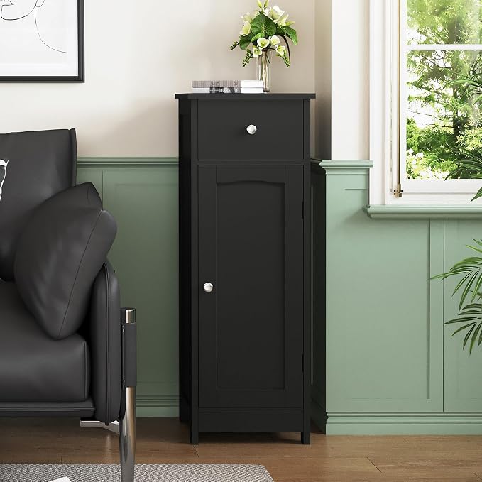 Iwell Bathroom Storage Cabinet, Small Bathroom Floor Cabinet with Drawer & Storage Shelf, Free-Standing Organizer Cabinets for Hallway/Living Room, Black - Image 6