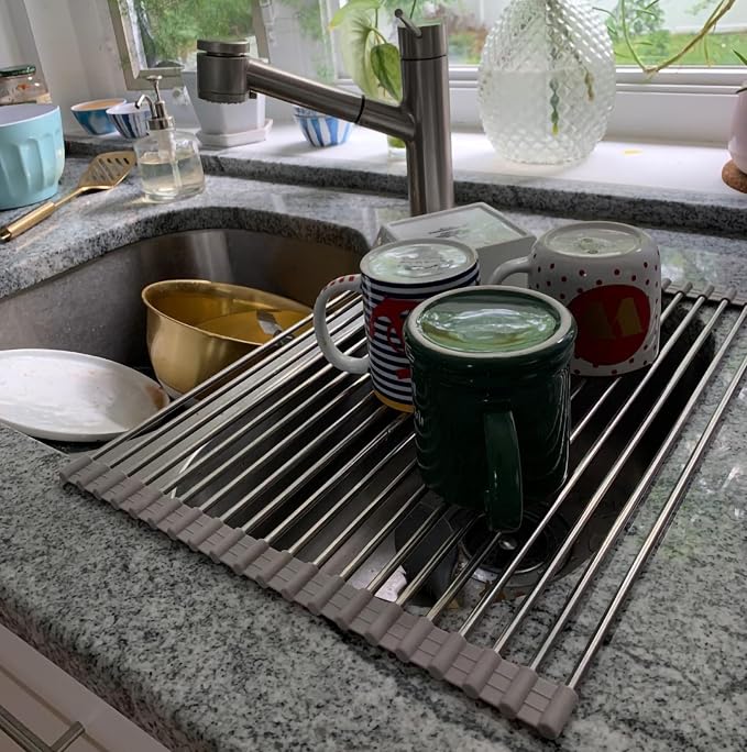 Ahyuan Roll up Dish Drying Rack Over The Sink Kitchen Roll up Sink Drying Rack Stainless Still Portable Drainer Foldable Dish Rack (Warm Gray, 17.8''X13.5'') by Unknown