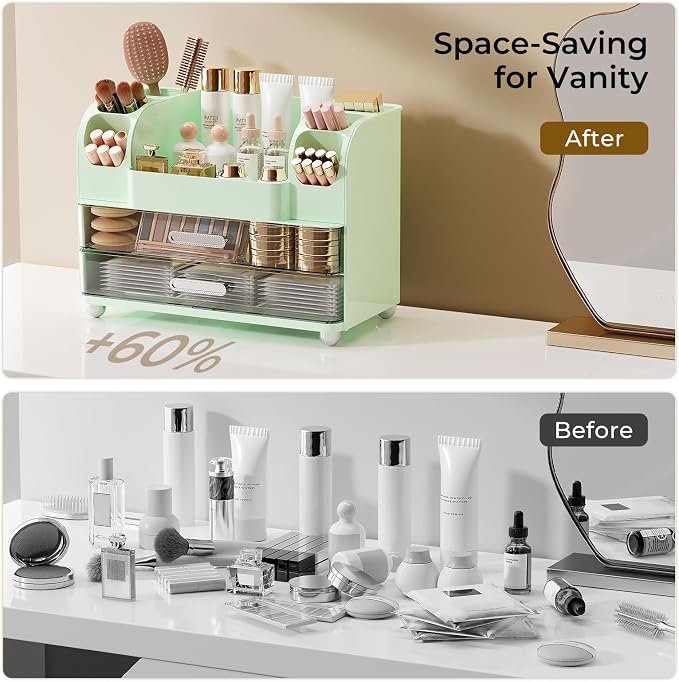 UFORU Makeup Organizer Countertop with 2 Large Drawers for Vanity Bathroom | Brush Holder, Large Capacity, Thickened Plastic, Compact Footprint, Space-Saving Design, Easy Clean, Ideal for Dorm Rooms - Image 6
