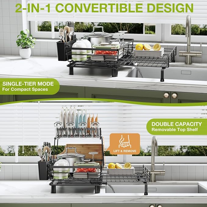 2-Tier Expandable Dish Drying Rack for Kitchen Counter, Black | Large Capacity Dish Rack Organization, Heavy-Duty Carbon Steel, 17 lbs Capacity, Swivel Drain Spout & Cup Hooks - Image 3