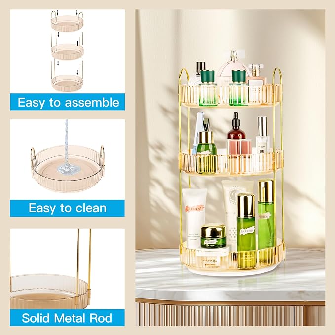 360 Rotating Makeup Organizer - Large Capacity Spinning Perfume & Cosmetic Skincare Holder for Vanity & Countertop (Vibrant Orange, 3 Tier) - Image 4