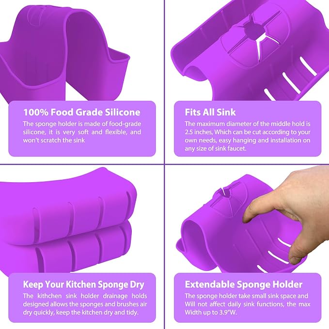 Sponge Holder for Kitchen Sink, Silicone Sink Saddle Caddy Organizer Rack, Sponges Holder Over Faucet, Hanging Kitchen Organizer Accessories Rack Basket - Purple - Image 3