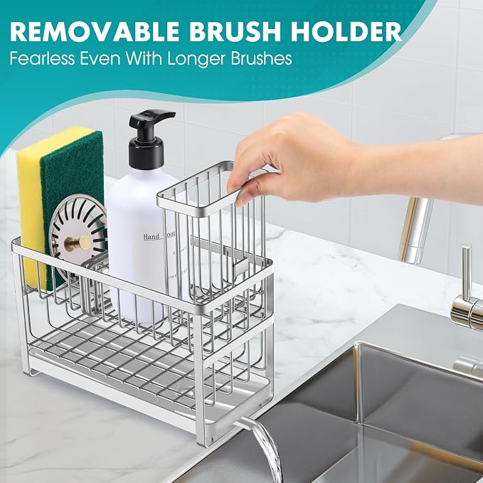 Sinnsally Kitchen Sponge Holder,Sink Caddy Organizer with High Brush Holder,Stainless Steel Sink Box Dish Scrubber Holder,Soap Tray for Kitchen Counter Accessories & Storage Rack (2 Tier - Silver) - Image 3