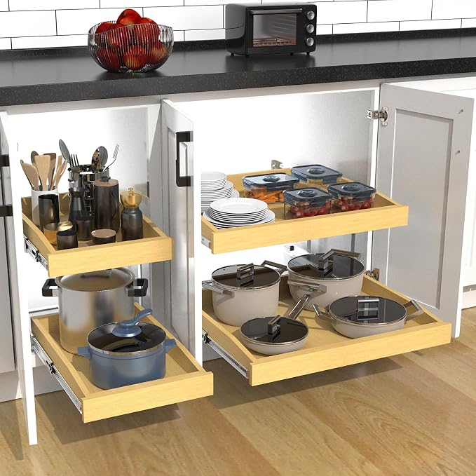 2 Tier Pull Out Cabinet Organizer, 14"W x 21"D Solid Wood Heavy-Duty Base Bottom Assembly Slide out Drawer Shel Cabinet Organization for Kitchen, Pantry, Bathroom - Image 6
