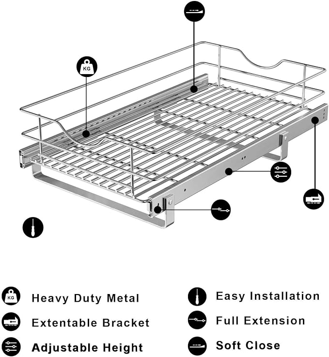 Pull Out Cabinet Organizer, (14½"W x 20" D) Soft Close Slide Out Drawer, 1 Tier Pull Out Cabient Shelf for Kitchen Base Cabinet Under Sink Space, Pantry Organization, Bathroom, Wire Basket - Image 3
