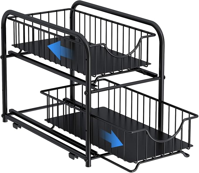 2-Tier Pull Out Organizer Under Sink Sliding Cabinet Rack,Black | Stackable Sliding Storage Drawer organizer with adjustable height and anti slip pad. Kitchen,Office or Cabinet Storage - Image 4