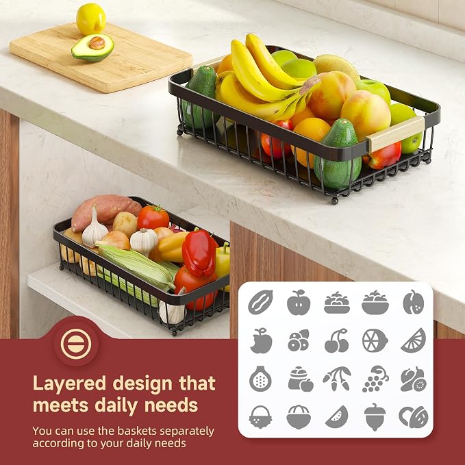 3-Tier Fruit Basket with Banana Hangers, Detachable Metal Bowl | Wooden handle, protective mats included. Versatile holder for bread, snacks, and veggies. Large 3 tier metal design. - Image 5