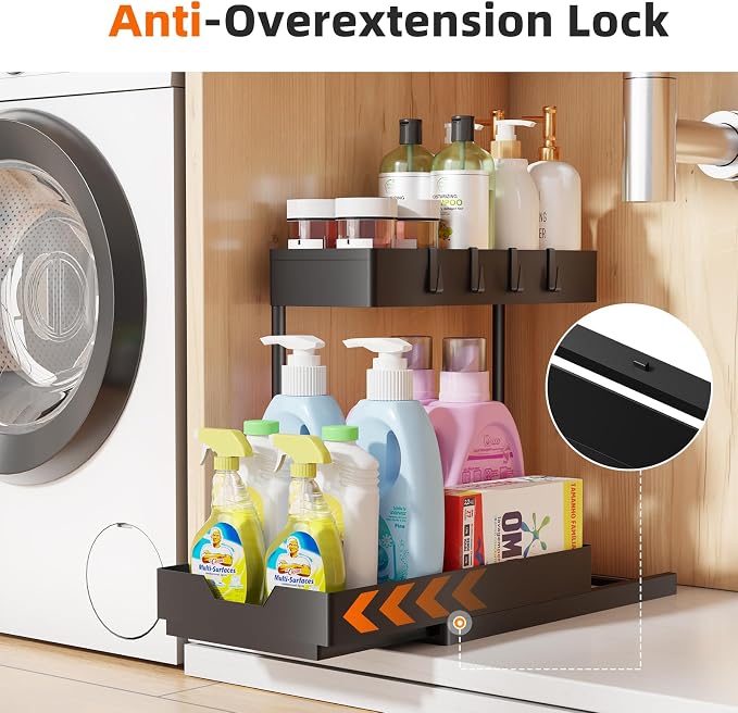 Simple Trending Under Sink Organizer 2 Pack, 2 Tier with Sliding Basket | Multi-Use Cabinet Organizer for Kitchen & Bathroom, Sink Storage Basket with 4 Hooks, L-shape, Easy Assembly, Black - Image 4