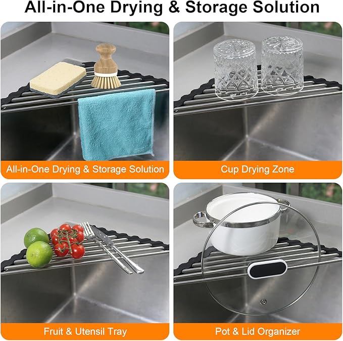 Corner Dish Drying Rack, Kitchen Sink Caddy Sponge Holder, Triangle Over The Sink Dish Drying Rack for Kitchen Counter, Roll Up Dishes Drainer Mat RV Essentials Organization and Storage Shelf, Black - Image 5