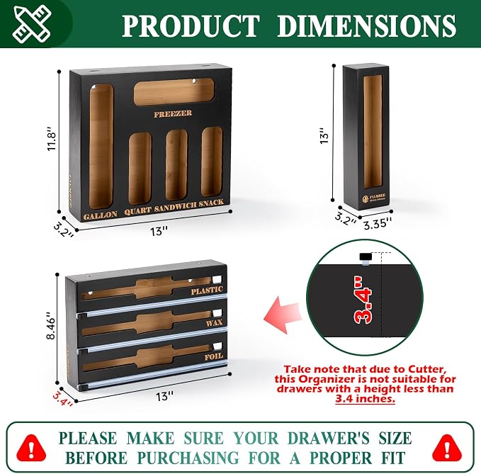 Calmbee 9 in 1 Bamboo Storage Bag Organizer for Kitchen Drawer – Plastic Wrap Dispenser with Cutter & Foil Organizer, Wooden Baggie Organizer for Sandwich, Snack, Gallon, Quart Sizes, Black - Image 2