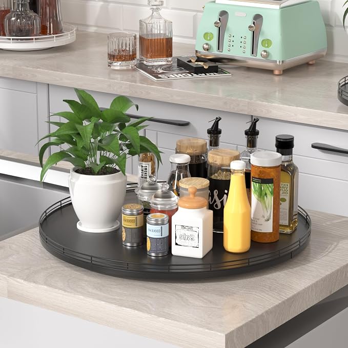 Oroyutor 21-Inch Extra Large Oak Lazy Susan with Black Metal Rail | Rotating oak tray organizes spices, toiletries and decor on kitchen counters, bathroom vanities, dining and coffee tables. - Image 4