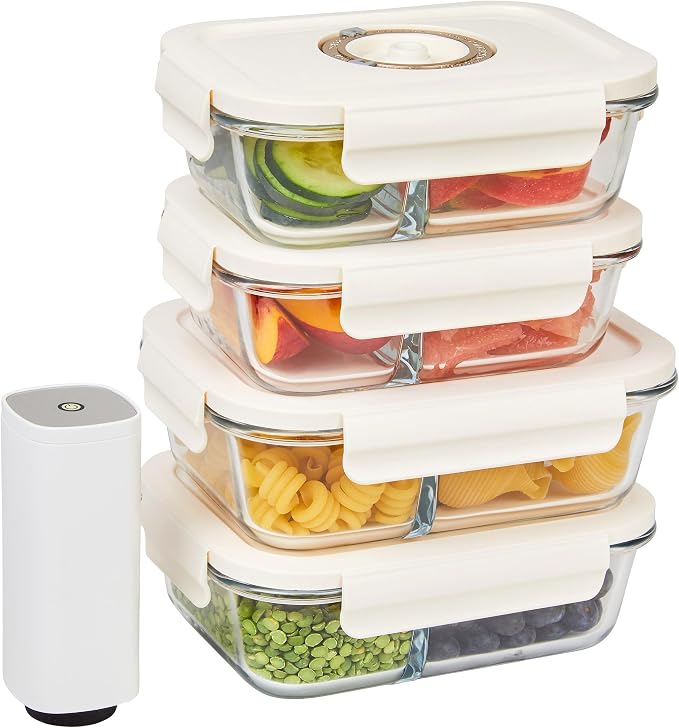 HOLDN’ STORAGE Food Storage Containers With Vacuum Sealing, Set of 4 | Glass Containers, One Electronic Pump, Keep Food Fresh Longer, BPA-Free Glass, Leak-Proof, Ideal for Meal Prep, Marinating by HOLDN%E2%80%99STORAGE
