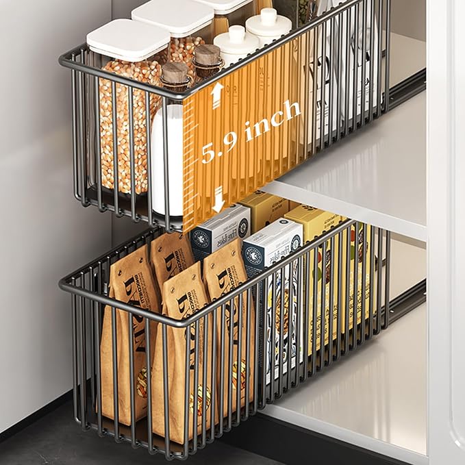Pull Out Cabinet Organizer 2 Pack, Black Metal Storage Basket for Kitchen Cabinet, Bathroom, Under Sink, Self Adhesive Slide Out Pantry Shelves Drawer Storage, 15.8" LX 5.9" WX5.9 H - Image 3