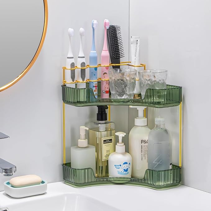 Upgraded 2-Tier Corner Bathroom Countertop Organizer – Spacious Storage for Makeup, Skincare & Perfumes, Built-in Brush Holder Fits Vanity/Dresser/Bsthtub (Sage Green) - Image 2