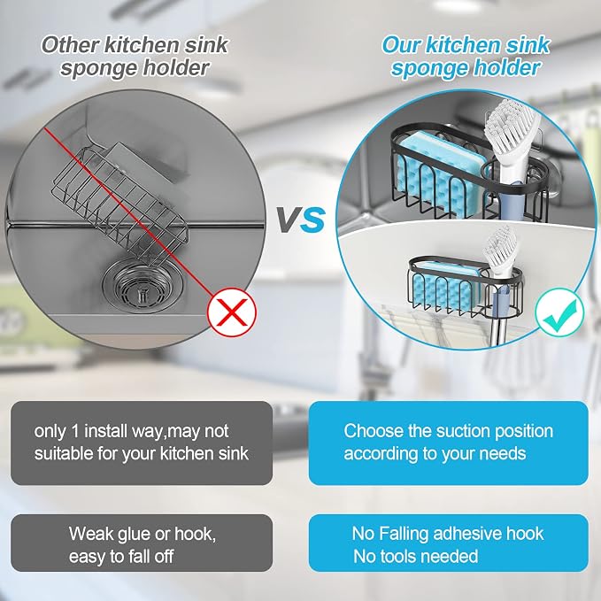 2-in-1 Sponge Holder for Kitchen Sink, Sink Caddy Kitchen Sink Organizer with 3 Suction Cups, No Drill Rustproof Sink Sponge Holder for Dish Brush, Soap & Sponge (Black) - Image 3