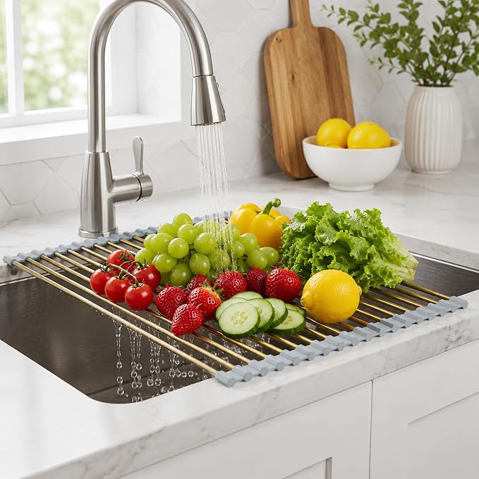 Gold Roll Up Dish Drying Rack Over Sink, Foldable Stainless Steel Drainer Non-Slip Sink Drying Rack Sink Accessories for Kitchen Countertop (17.8×11.8in) - Image 3