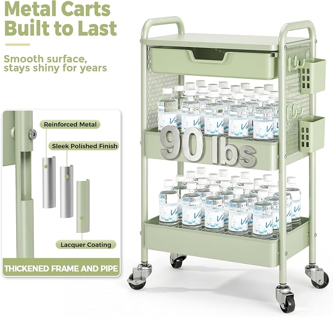 KINGBOARD 3 Tier Metal Rolling Cart with Drawer, Green Utility Storage Cart | 2 Cups & 4 Hooks, Lockable Wheels, Trolley Organizer for Bathroom, Kitchen, Office, Nursery, Dorm, Laundry, Craft Room - Image 2