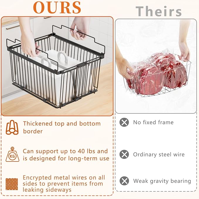 Large Freezer Organizer Bins for 5 to 9 Cu.Ft,Leak-Proof Bottom，4Pack | ANJUBANFreezer Organizer Bins, Stackable,expandable,foldable,With handle Wire Storage Container Baskets for Sort Frozen Meats - Image 4