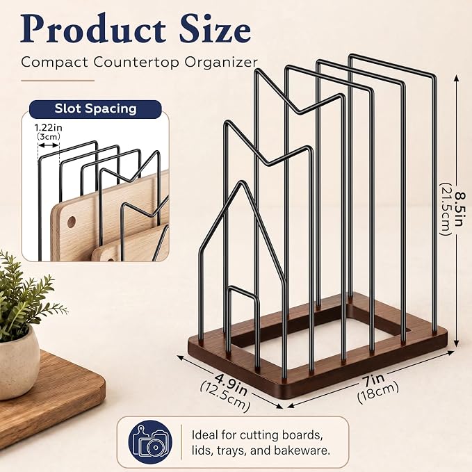 5 Slot Cutting Board Holder for Counter, Black Metal Kitchen Cabinet Organizer with Rustic Brown Wooden Base, Kitchen Countertop Pots Pan Lids Rack Organizer (1 Pc) - Image 3