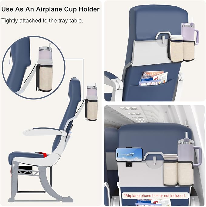 2 in 1 Luggage Cup Holder for Suitcase Airplane Drink Carrier Off-White | Airplane cup holder|Portable|for stanley cup|Hands Free|Coffee Beverage Organizer Gifts for Travelers - Image 2