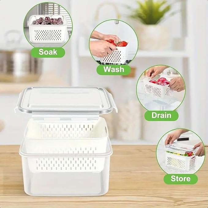 3pcs 4 in 1 Fruit Storage Containers for Fridge with Removable Colanders | Airtight, stackable, keeps food fresh. Dishwasher safe. Berry, vegetable, produce basket, strainer, refrigerator keeper - Image 3