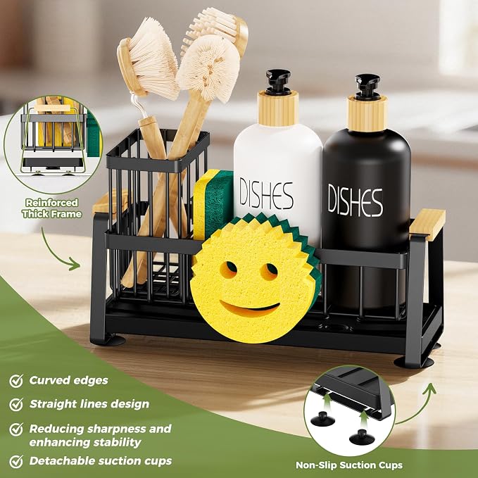 Sponge Holder for Kitchen Sink, Sink Caddy Organizer with Dish Brush Holder, Sink Organizer Rack with Suction Cups, Smiley Face Sponge Caddy Self Drain for Soap Dispenser Storage Accessories - Image 3