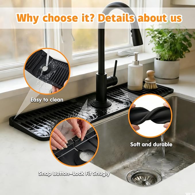 Silicone Faucet Mat for Kitchen Sink, 24" Splash Guard 7° Slope Fast Drain | Adjustable hole cutout for easy install, fits kitchen & bathroom sinks; food-grade silicone, easy to clean, keeps counter dry - Image 4