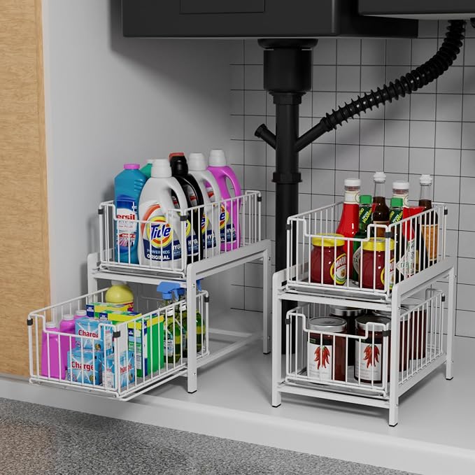 2-Tier Pull Out Cabinet Organizer, Slide Out Under Sink Organizer | Metal Cabinet Baskets with Mesh Sliding Drawer for Home, Office, Bathroom, Kitchen, Pantry Storage Shelf, Large White - Image 3