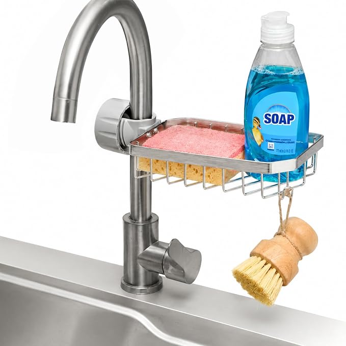 Kitchen Sink Sponge Holder over Faucet Caddy Organizer for Round Faucet by Seltomer