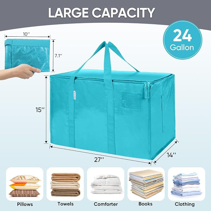 TICONN 2 Pack Extra Large Moving Bags Heavy Duty with Zippers & Carrying Handles, Durable Storage Bags Moving Boxes for Closet Organizers and Storage (2 Pack, Aqua) - Image 5