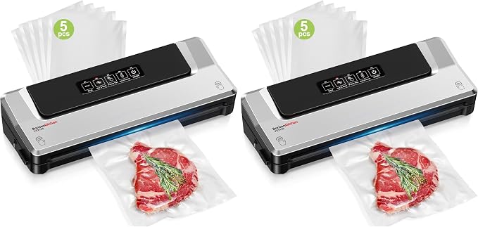 Bonsenkitchen Vacuum Sealer Machine | Compact Food Sealer for Kitchen Storage & Meal Prep | Multiple Modes​​ | External Vacuum System | 5 Bags, Silver​​ (Pack of 2) by Bonsenkitchen